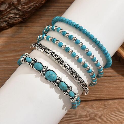 Western Bracelet for Women,Boho Turquoise Beaded Stackable Elastic Bracelets Set,Vintage Concert Country Cowboy Jewelry Accessories in Saudi Arabia
