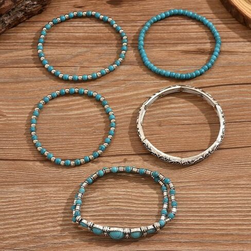 Western Bracelet for Women,Boho Turquoise Beaded Stackable Elastic Bracelets Set,Vintage Concert Country Cowboy Jewelry Accessories in Saudi Arabia