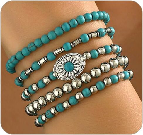 Western Bracelet for Women,Boho Turquoise Beaded Stackable Elastic Bracelets Set,Vintage Concert Country Cowboy Jewelry Accessories in Saudi Arabia