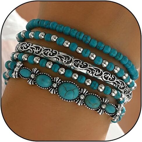 Western Bracelet for Women,Boho Turquoise Beaded Stackable Elastic Bracelets Set,Vintage Concert Country Cowboy Jewelry Accessories in Saudi Arabia