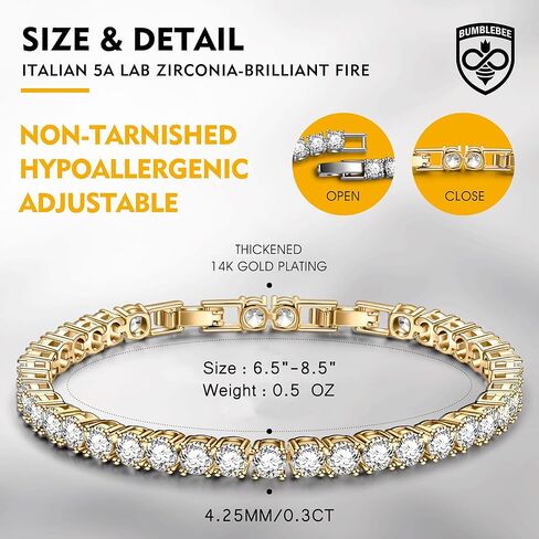 BUMBLEBEE Handmade Tennis Bracelet for Women, 14K Gold Plated, 12.96 CTTW Italian 5A Cubic Zirconia, Hypoallergenic, Adjustable 6–7.5 Inch Jewelry Gift Anniversary, Birthday, Valentine’s Day in Saudi Arabia