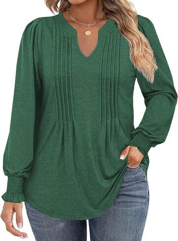 DOLNINE Plus-Size-Tops for Women Notch V Neck Puff Long Sleeve T Shirts Casual Pleated Trendy Smocked Cuffs Tee Tunics XL-5XL in Kuwait