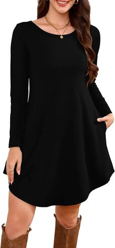 فستان DEARCASE نسائي بأكمام طويلة وفتحة رقبة مستديرة وطول الركبة فضفاض غير رسمي فضفاض فساتين تونيك متأرجحة مع جيوب in Kuwait