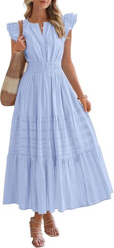 BTFBM Dresses for Women Spring 2026 Maxi Casual Dress Flutter Short Sleeve V Neck Elastic Waist Boho Beach Vacation Pockets in Saudi Arabia