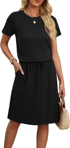 OFEEFAN Womens Summer Dresses Fashion Short Sleeve Crew Neck T Shirt Sundresses Casual Tie Waist with Pockets in Saudi Arabia