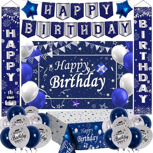 Blue Birthday Decorations for Men, Birthday Party Decorations for Men Women Boys Grils with Bunting Banner, Fringe Curtains, Hanging Swirl, Tablecloth happy birthday decorations Party Decor Suit in Saudi Arabia