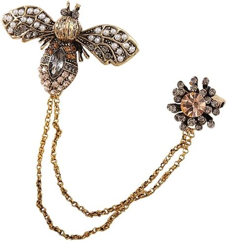 Antique Honey Bee Long Chain Collar Brooch Pin for Women Men Girls Crystal Rhinestone Flower Lapel Brooches Hanging Tassel Tie Pins Vintage Birthday Christmas Jewelry Gifts for Dress Suit Badges in Saudi Arabia