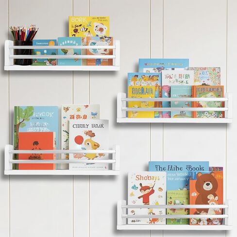 Nursery Wall Bookshelves 4-Pack, Floating Shelves for Kids Room Décor, Baby & Toddler Book Shelf Organizer, Solid Wood Wall-Mounted Rack for Books, Toys & Nursery Storage in Saudi Arabia