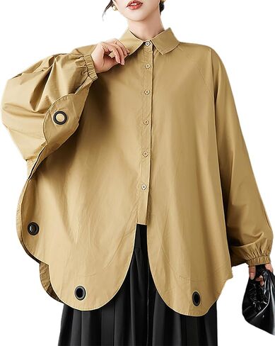 ellazhu Women's Shirt Coat Lapel Button Down Long Lantern Sleeve Solid Irregular Hem Plus Size GZ700 A in Saudi Arabia