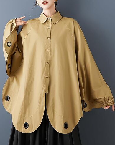 ellazhu Women's Shirt Coat Lapel Button Down Long Lantern Sleeve Solid Irregular Hem Plus Size GZ700 A in Saudi Arabia