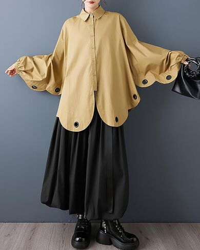 ellazhu Women's Shirt Coat Lapel Button Down Long Lantern Sleeve Solid Irregular Hem Plus Size GZ700 A in Saudi Arabia