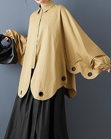 ellazhu Women's Shirt Coat Lapel Button Down Long Lantern Sleeve Solid Irregular Hem Plus Size GZ700 A in Saudi Arabia