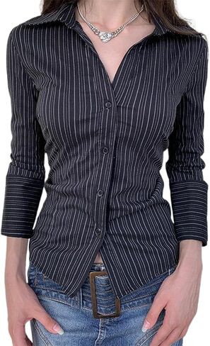 Women Y2K Striped Button Down Shirts Dress Shirts Long Sleeve Gingham Tee Collared Office OL Work Shirt Blouse Top in Saudi Arabia
