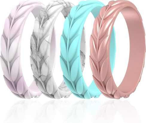 ThunderFit Silicone Wedding Rings for Women, Leaf Design Rubber Engagement Bands 5.2mm Wide 2mm Thick, Breathable & Standard Inner Layer - 1/4/7 Variety Multipack in Saudi Arabia