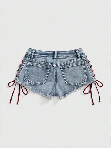 SOLY HUX Women's Y2k Denim Shorts Lace Up Graphic Mini Jeans Music Festival Outfits in Saudi Arabia