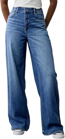 بنطال جينز نسائي واسع الساق، عالي الخصر، فضفاض، مستقيم الساق، فضفاض وقابل للتمدد، كاجوال من قماش الدنيم in Kuwait