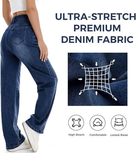 Women's Wide Leg Jeans High Waisted Baggy Straight Leg Loose Stretchy Casual Denim Pants in Saudi Arabia