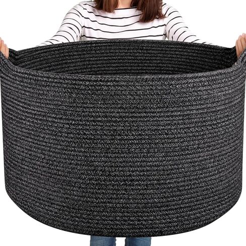 Large Blanket Basket with Handles, 22.8" x 22.8" x 13" Woven Storage Basket for Living Room, Cotton Rope Baby Toy Storage for Clothes, Pillows, Towels-Grey and White in Kuwait