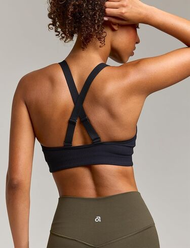 Women's Ribbed Sports Bra V Neck Padded Yoga Tank Adjustable Straps Cross Back Crop Tops in Saudi Arabia