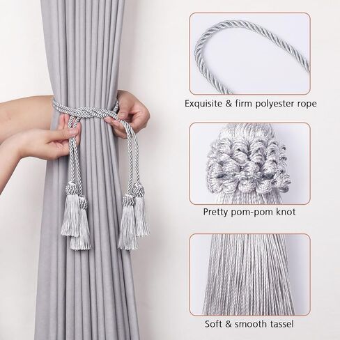 NICEEC 4 Pack Double-Ended Tassel Curtain Tiebacks European Style Decorative Drape Tie Backs Elegant Handmade Braided Rope Knot Curtain Holdbacks for Home & Office Window Drapery (Silver Grey) in Saudi Arabia