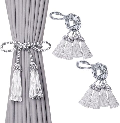 NICEEC 4 Pack Double-Ended Tassel Curtain Tiebacks European Style Decorative Drape Tie Backs Elegant Handmade Braided Rope Knot Curtain Holdbacks for Home & Office Window Drapery (Silver Grey) in Saudi Arabia