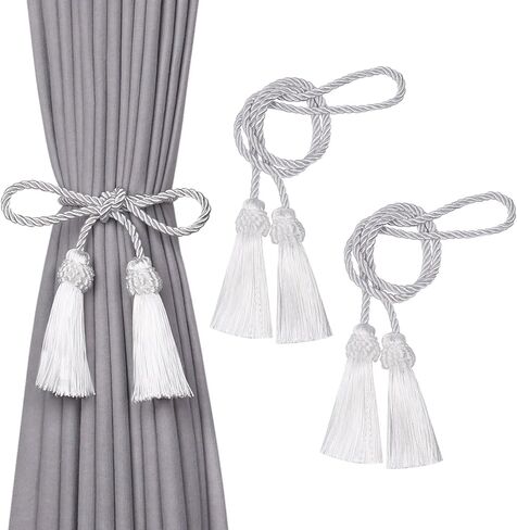 NICEEC 4 Pack Double-Ended Tassel Curtain Tiebacks European Style Decorative Drape Tie Backs Elegant Handmade Braided Rope Knot Curtain Holdbacks for Home & Office Window Drapery (Silver Grey) in Saudi Arabia