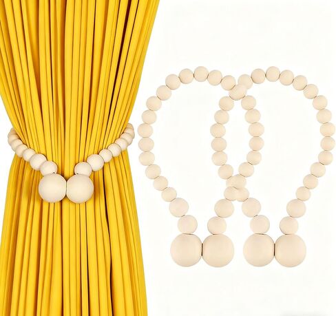 Magnetic Curtain Tiebacks,Natural Wooden Curtain Buckle Strung with Elastic Rope,Elegant Curtain Tie Backs for Bedroom and Living Room Decor,Boho Curtain tiebacks,2/4/6 Pack in Saudi Arabia