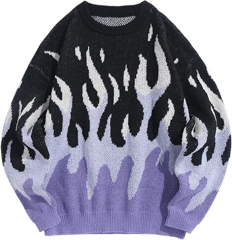 ZAFUL الرجال Crewneck المتضخم الأرجواني لهب الرسم محبوك طويلة الأكمام البلوزات محبوك البلوز الأرجواني M in Saudi Arabia