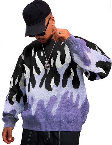 ZAFUL الرجال Crewneck المتضخم الأرجواني لهب الرسم محبوك طويلة الأكمام البلوزات محبوك البلوز الأرجواني M in Saudi Arabia