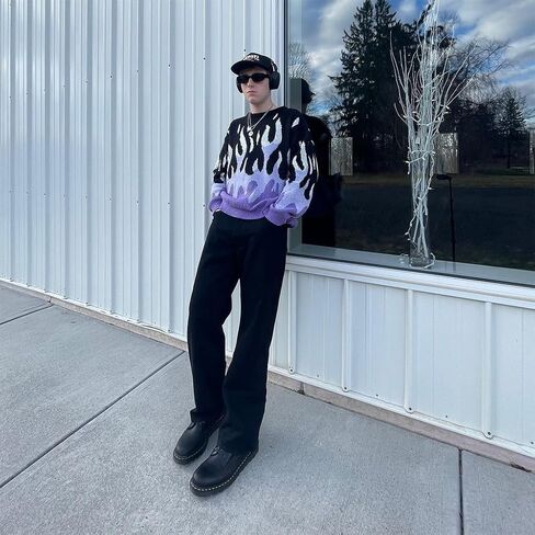 ZAFUL الرجال Crewneck المتضخم الأرجواني لهب الرسم محبوك طويلة الأكمام البلوزات محبوك البلوز الأرجواني M in Saudi Arabia