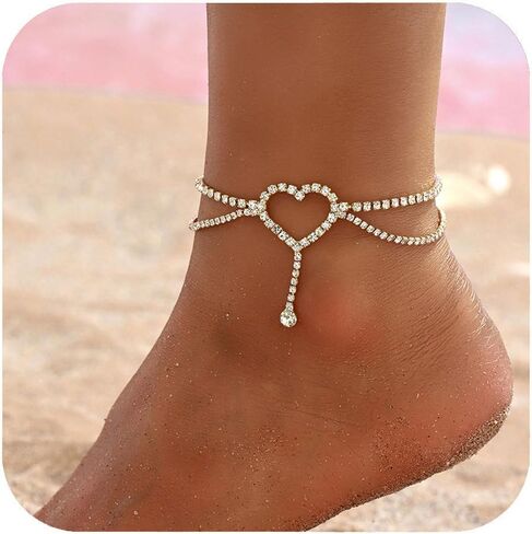 Gold Heart Anklets for Women Silver Sparkly Drop Crystal Anklets Pendent Cubic Zirconia Decorative Adjustable Length Anklet Birthday Holidays Hypoallergenic Jewelry in Saudi Arabia