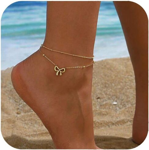Gold Bow Ankle Bracelets for Women Gold Anklet Non Tarnish Waterproof Cute Beach Knot Anklet Set Fashion Summer Foot Jewelry for Women in Saudi Arabia