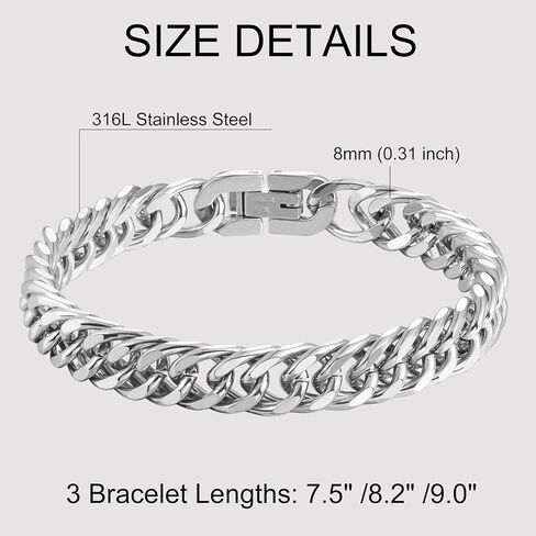 INBLUE Mens Bracelet Stainless Steel Curb Link Chain Bracelet for Men Silver Gold Black Chain 8mm/12mm/17mm Width Hip Hop Jewelry Gift for Boyfriend 3 Lengths 7.5/8.2/9.0 Inches in Saudi Arabia