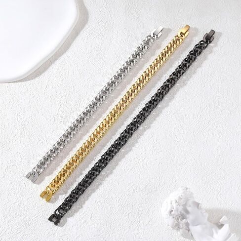 INBLUE Mens Bracelet Stainless Steel Curb Link Chain Bracelet for Men Silver Gold Black Chain 8mm/12mm/17mm Width Hip Hop Jewelry Gift for Boyfriend 3 Lengths 7.5/8.2/9.0 Inches in Saudi Arabia