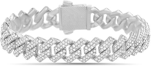 True Religion Crystal Set 12mm Wide 8 Inch Cuban Chain Bracelet for Men Rhodium Plated Alloy Metal in Saudi Arabia
