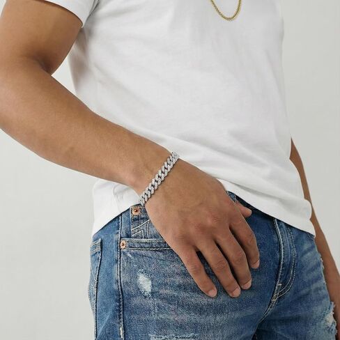 True Religion Crystal Set 12mm Wide 8 Inch Cuban Chain Bracelet for Men Rhodium Plated Alloy Metal in Saudi Arabia