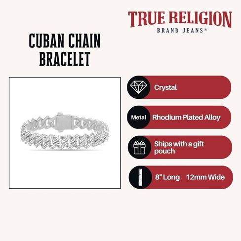 True Religion Crystal Set 12mm Wide 8 Inch Cuban Chain Bracelet for Men Rhodium Plated Alloy Metal in Saudi Arabia