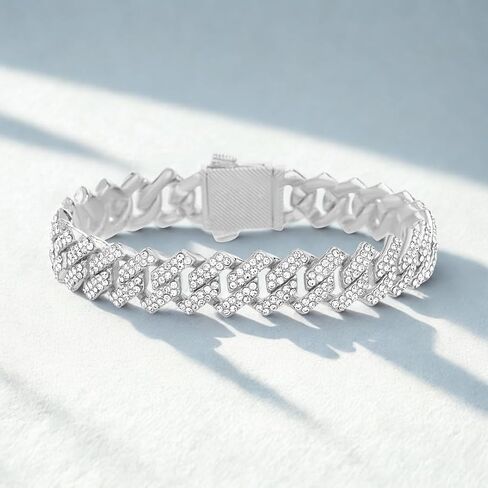 True Religion Crystal Set 12mm Wide 8 Inch Cuban Chain Bracelet for Men Rhodium Plated Alloy Metal in Saudi Arabia