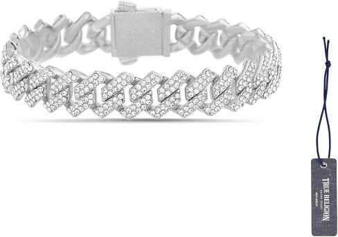 True Religion Crystal Set 12mm Wide 8 Inch Cuban Chain Bracelet for Men Rhodium Plated Alloy Metal in Saudi Arabia