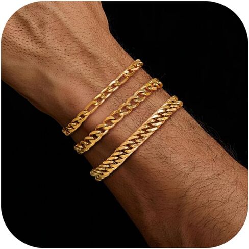 3PCS Stainless Steel Chain Bracelets for Men Women Gold Cuban Figaro Link Chain Bracelet Men's Curb Chain Bracelets Twisted Wrist Bracelets 7/7.5/8.3/9 Inches in Kuwait