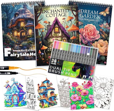 Adult Coloring Books for Women Relaxation, 4Pcs Adult Coloring Books with 36 Colors Markers, Dual Tip (Brush and Fine Point) Mindfulness Coloring Books for Women with with 36 Colors Markers Pens in Saudi Arabia