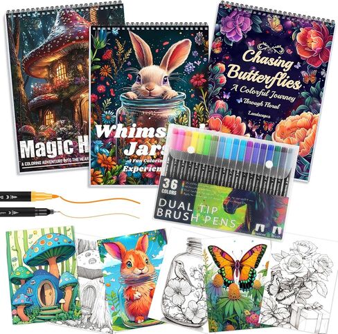 Adult Coloring Books for Women Relaxation, 4Pcs Adult Coloring Books with 36 Colors Markers, Dual Tip (Brush and Fine Point) Mindfulness Coloring Books for Women with with 36 Colors Markers Pens in Saudi Arabia