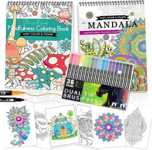 Adult Coloring Books for Women Relaxation, 4Pcs Adult Coloring Books with 36 Colors Markers, Dual Tip (Brush and Fine Point) Mindfulness Coloring Books for Women with with 36 Colors Markers Pens in Saudi Arabia