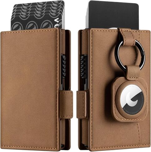Men's Slim RFID Blocking Wallet Genuine Leather with AirTag Holder Pop-Up Card Case ID Window for Credit Cards & Cash (Black) in Saudi Arabia