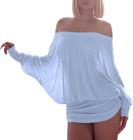 Ophestin Off The Shoulder Batwing Dress for Women Ruched Casual Going Out Long Sleeve Mini Dresses Loose in Saudi Arabia