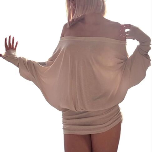 Ophestin Off The Shoulder Batwing Dress for Women Ruched Casual Going Out Long Sleeve Mini Dresses Loose in Saudi Arabia