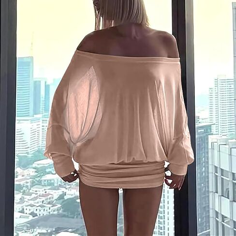 Ophestin Off The Shoulder Batwing Dress for Women Ruched Casual Going Out Long Sleeve Mini Dresses Loose in Saudi Arabia