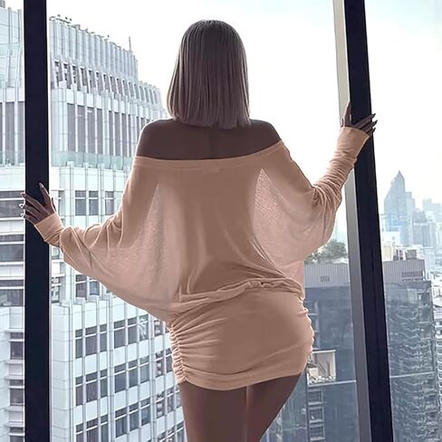 Ophestin Off The Shoulder Batwing Dress for Women Ruched Casual Going Out Long Sleeve Mini Dresses Loose in Saudi Arabia