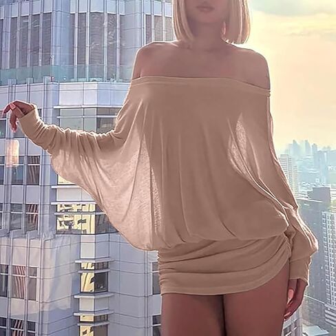 Ophestin Off The Shoulder Batwing Dress for Women Ruched Casual Going Out Long Sleeve Mini Dresses Loose in Saudi Arabia