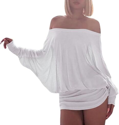 Ophestin Off The Shoulder Batwing Dress for Women Ruched Casual Going Out Long Sleeve Mini Dresses Loose in Saudi Arabia